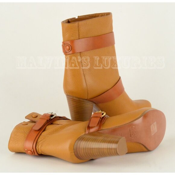 CHLOE ANKLE BOOTS LEATHER DOUBLE STRAP & BUCKLE MID STACKED HEEL sz 35 5 - Picture 9 of 13